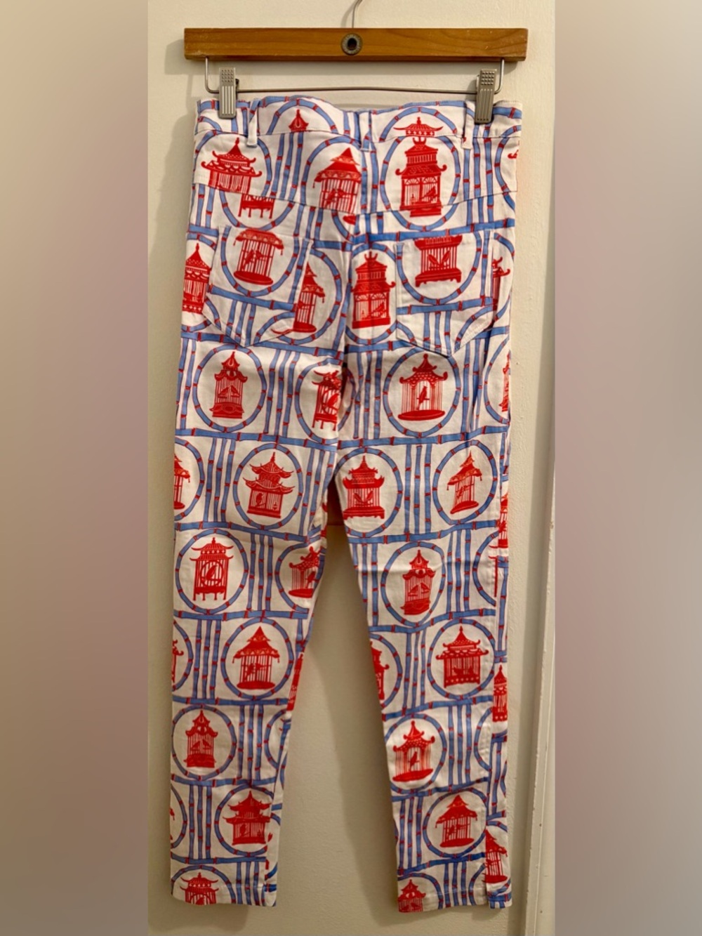 Gretchen Scott Stretch Red & Blue Pagoda Print Pants - Picture 2 of 4